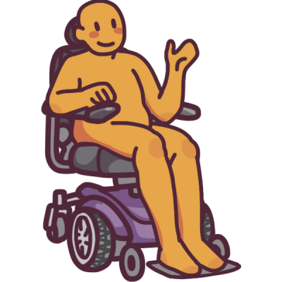 a person waving from a purple and grey power chair